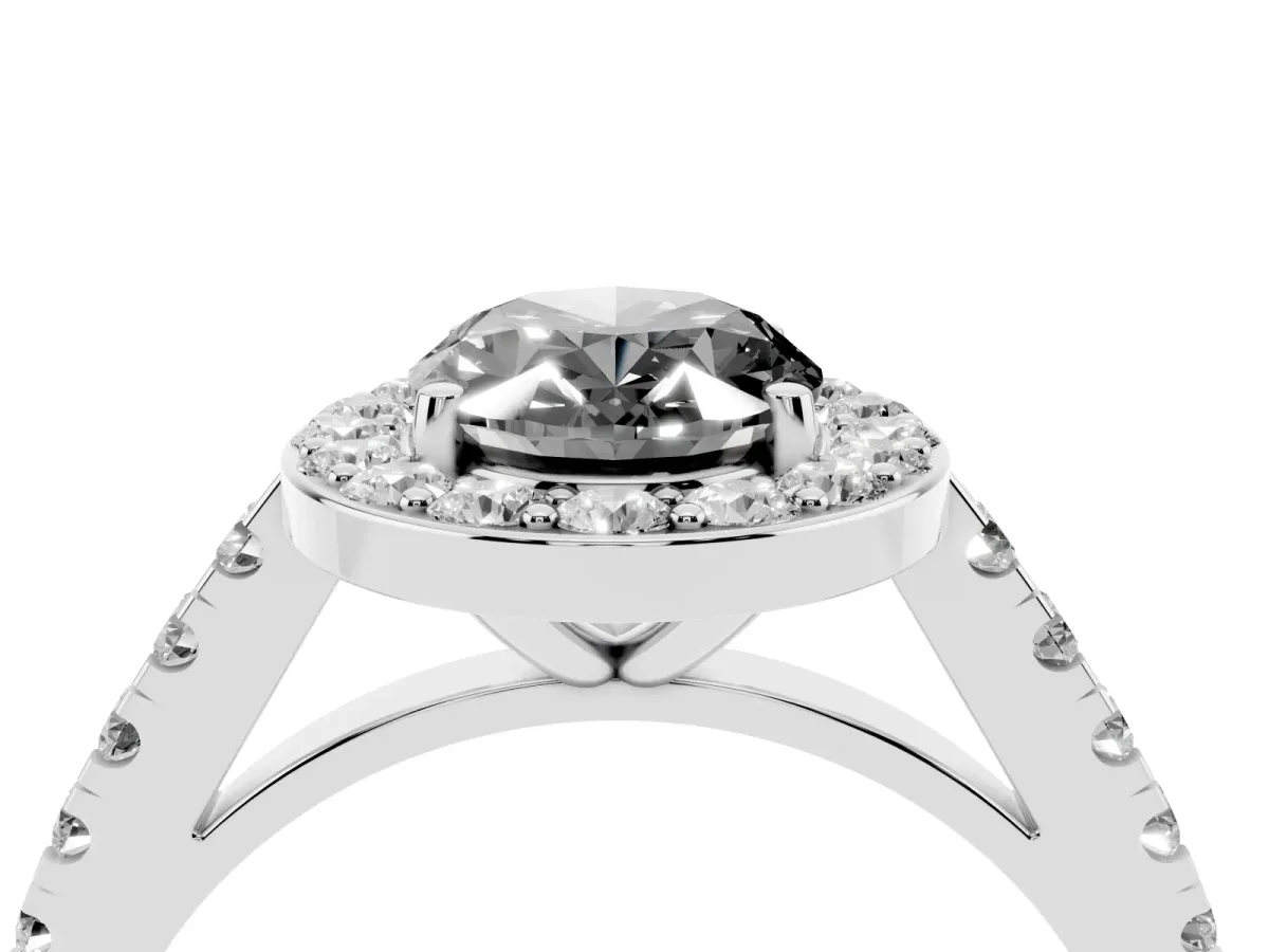 Fancy Black Oval Cut Diamond Halo Ring with Round Pavé Split Shank and Prong Setting Platinum