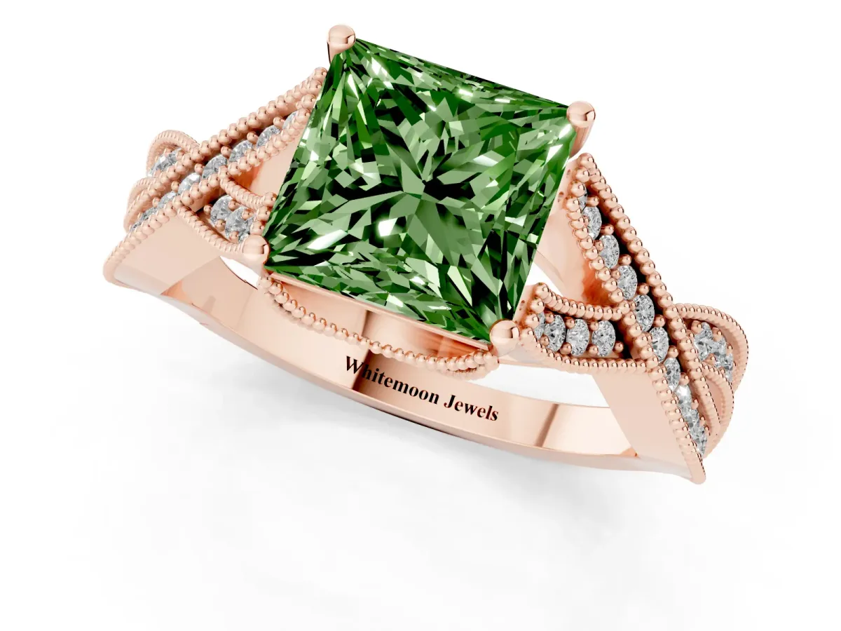 Fancy Green Princess Cut Cut Diamond Twisted Band with Milgrain Pave Setting and Four-Prong Setting Rose gold