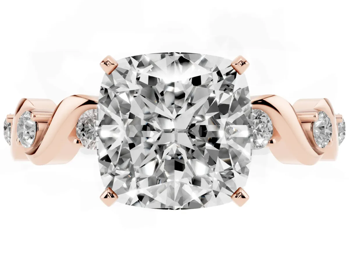 Cushion Cut Diamond Solitaire Twisted Band with Round Accents and Prong Setting Rose gold