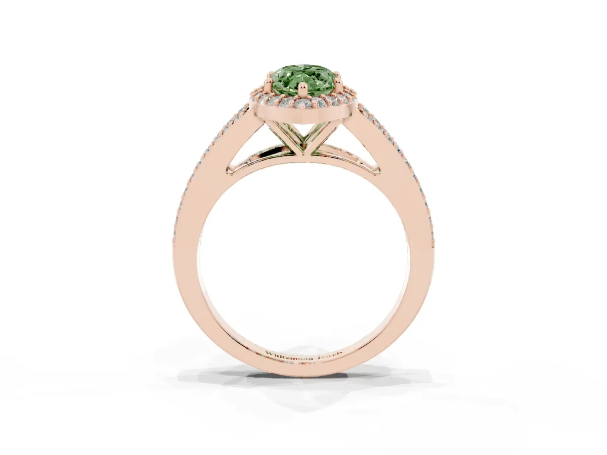 Fancy Green Marquise Cut Halo Split Shank Pave Diamond Ring with Four-Prong Setting Rose gold