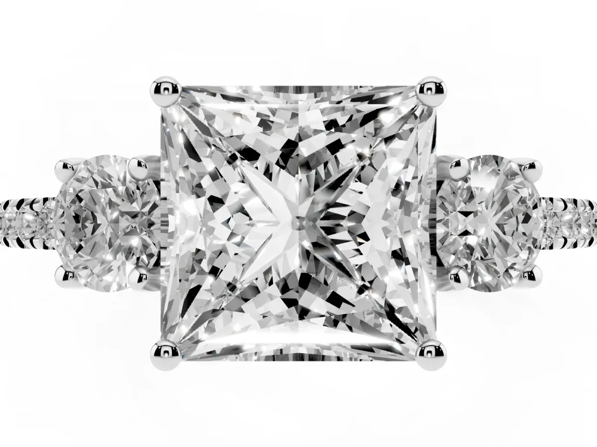 Three-Stone Princess Cut Cut Diamond Pavé Band with Prong Setting White gold