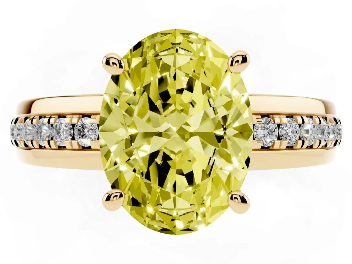 Fancy Yellow Oval Cut Solitaire Diamond Ring with Channel Set Band and Six-Prong Setting Yellow gold