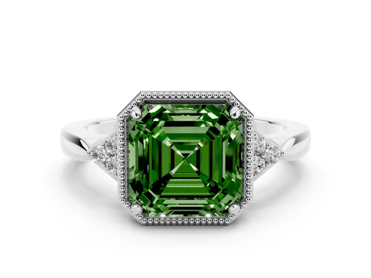 Fancy Green Milgrain Asscher Cut Cut Diamond Ring with Tapered Pave Band and Four Prong Setting Platinum