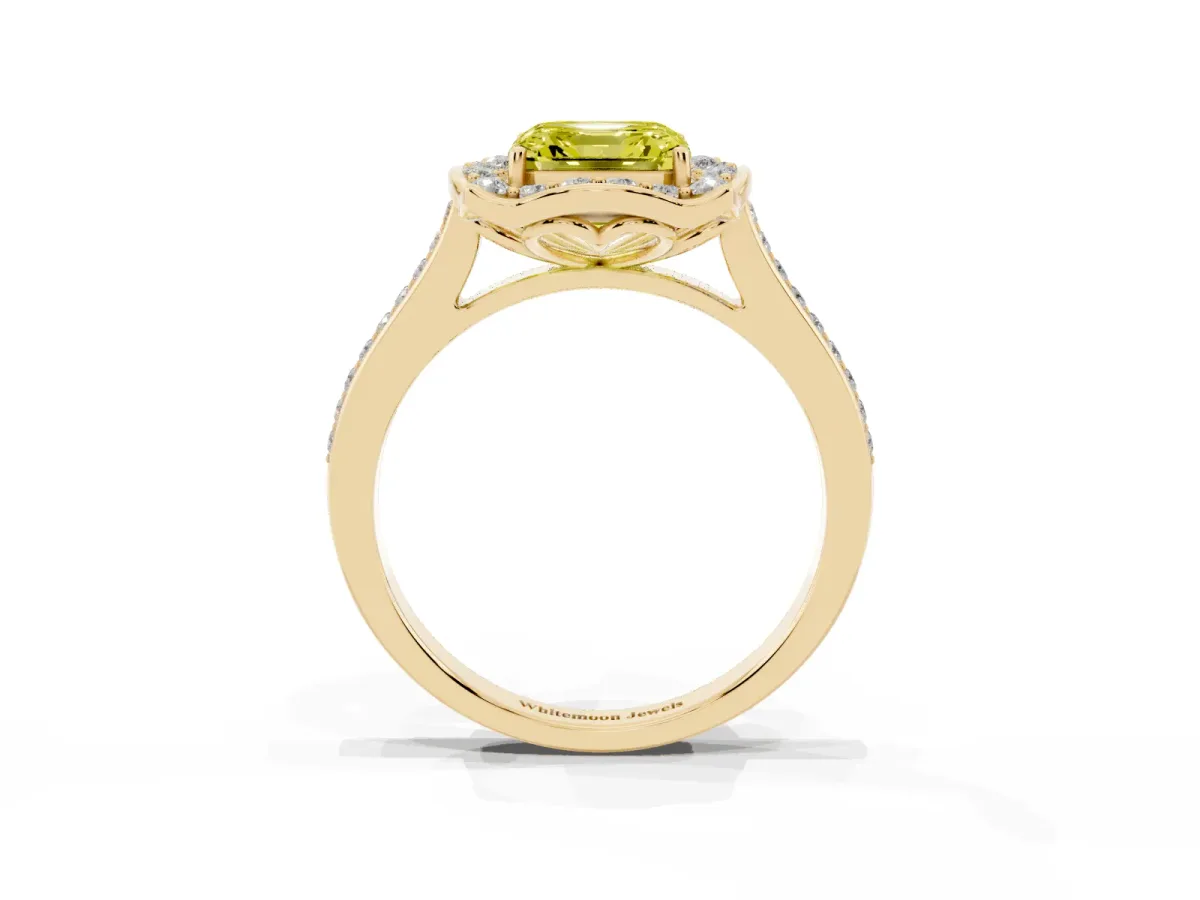 Fancy Yellow Asscher Cut Halo Round Diamond Pave Band with Four-Prong Setting Yellow gold