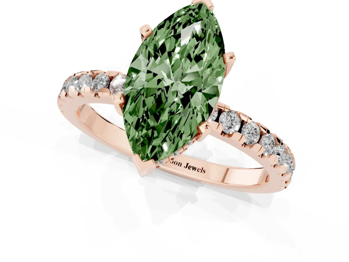Fancy Green Marquise Cut Diamond Solitaire Ring with Round Pavé Band and Four-Prong Setting Rose gold