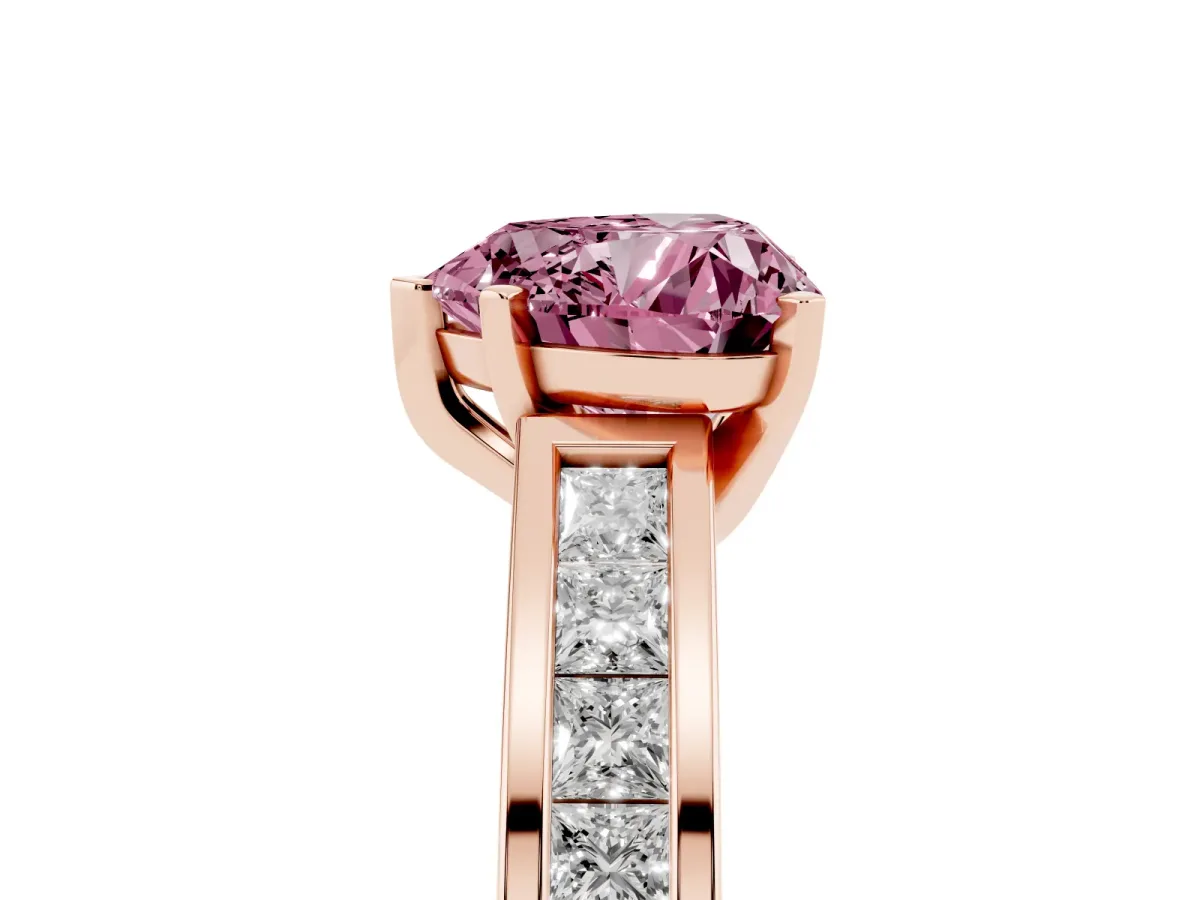 Fancy Pink Heart Cut Solitaire Diamond Ring with Channel-Set Band and Four-Prong Setting Rose gold