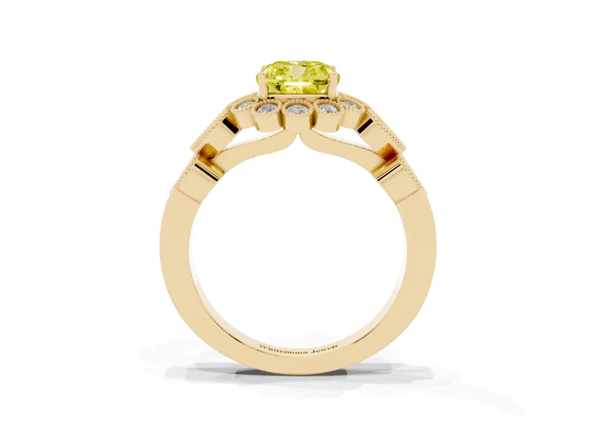 Fancy Yellow Cushion Cut Brilliant Milgrain Pave Heart Band Solitaire Ring Yellow gold