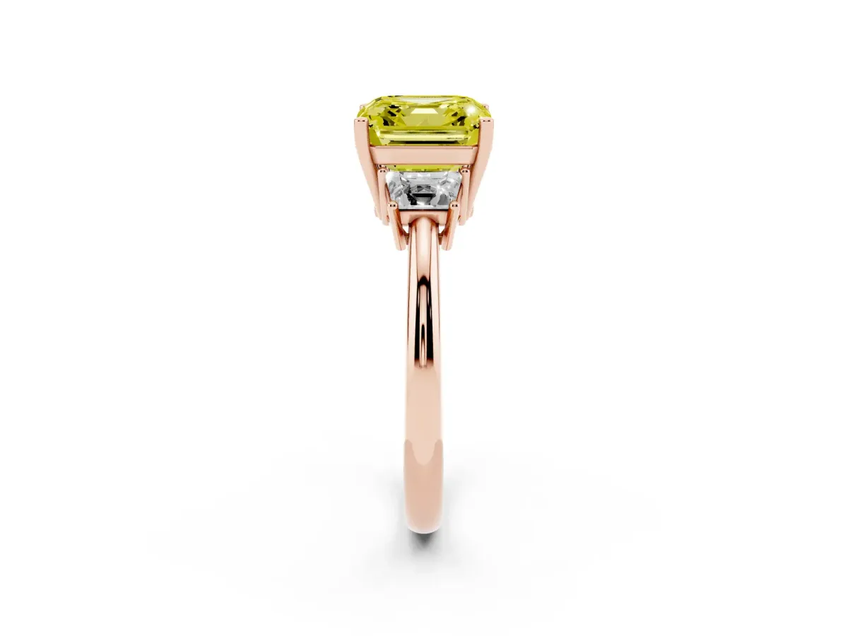 Fancy Yellow Asscher Cut Diamond Three-Stone Ring with Trapezoid Side Stones and Prong Setting Rose gold