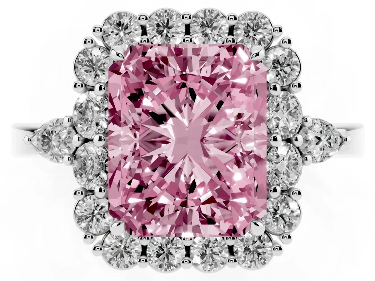 Fancy Pink Radiant Cut Diamond Halo Ring with Pear Side Stones and Prong Setting Silver
