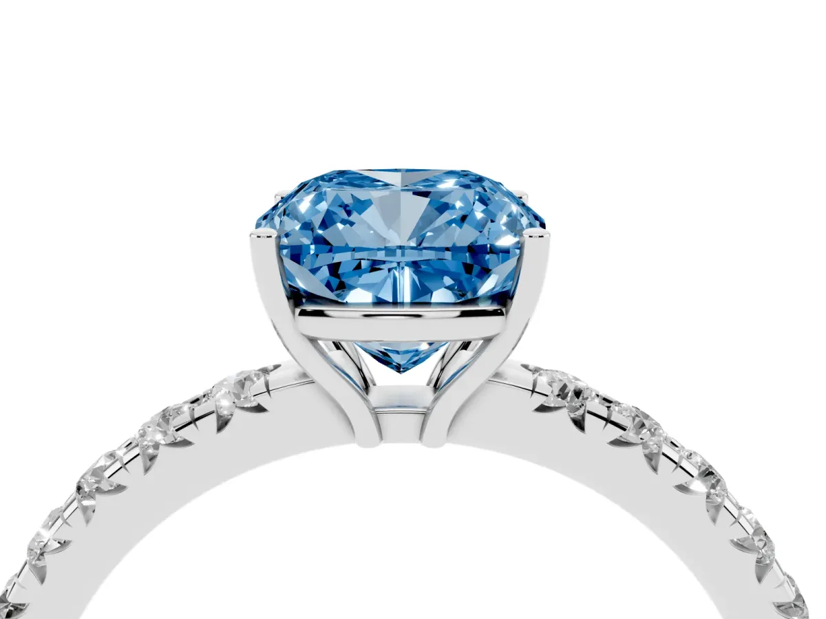 Fancy Blue Cushion Cut Diamond Pavé Solitaire Engagement Ring with Four-Prong Setting Silver
