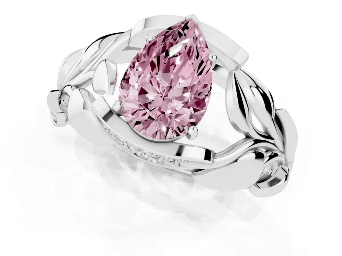 Fancy Pink Pear Cut Diamond Leaf-Inspired Engagement Ring with Round Accents and Prong Setting Platinum