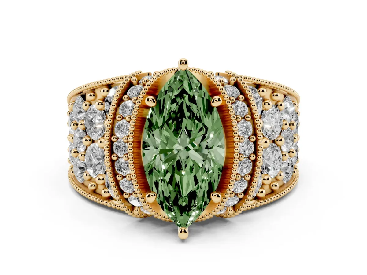 Fancy Green Marquise Cut Halo Pave Diamond Engagement Ring with Milgrain Detailing Yellow gold