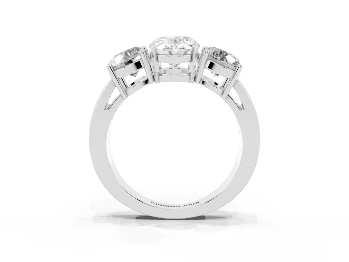 Three-Stone Oval Cut Diamond Ring with Round Side Stones, Classic Band, and Four-Prong Setting Silver