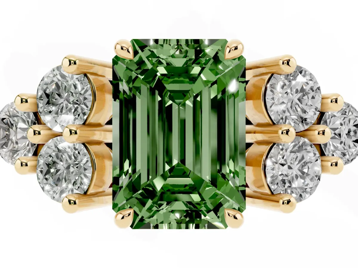 Fancy Green Emerald Cut Brilliant Diamond Cluster Accent Solitaire Ring with Prong Setting Yellow gold