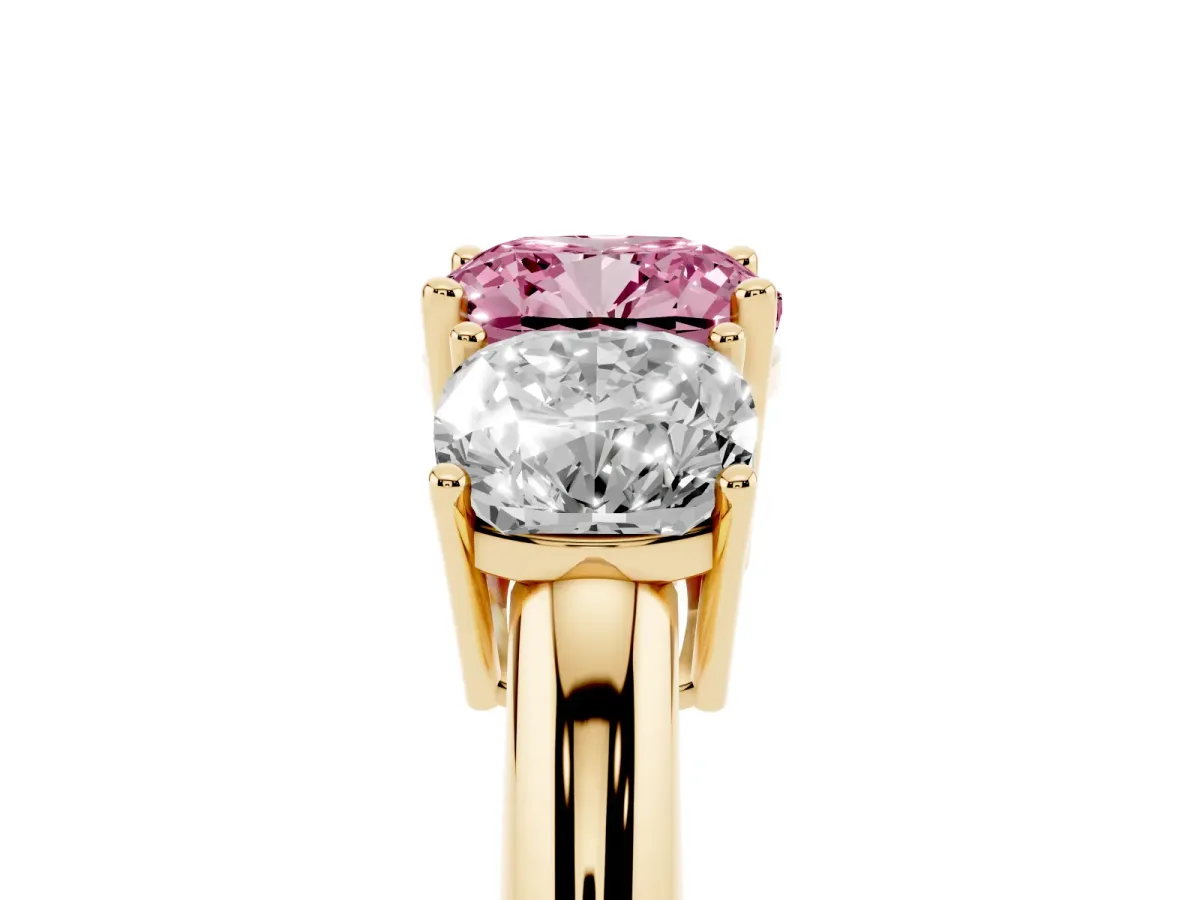 Fancy Pink Three-Stone Cushion Cut Cut Diamond Engagement Ring with Prong Setting on a White Gold Band Yellow gold