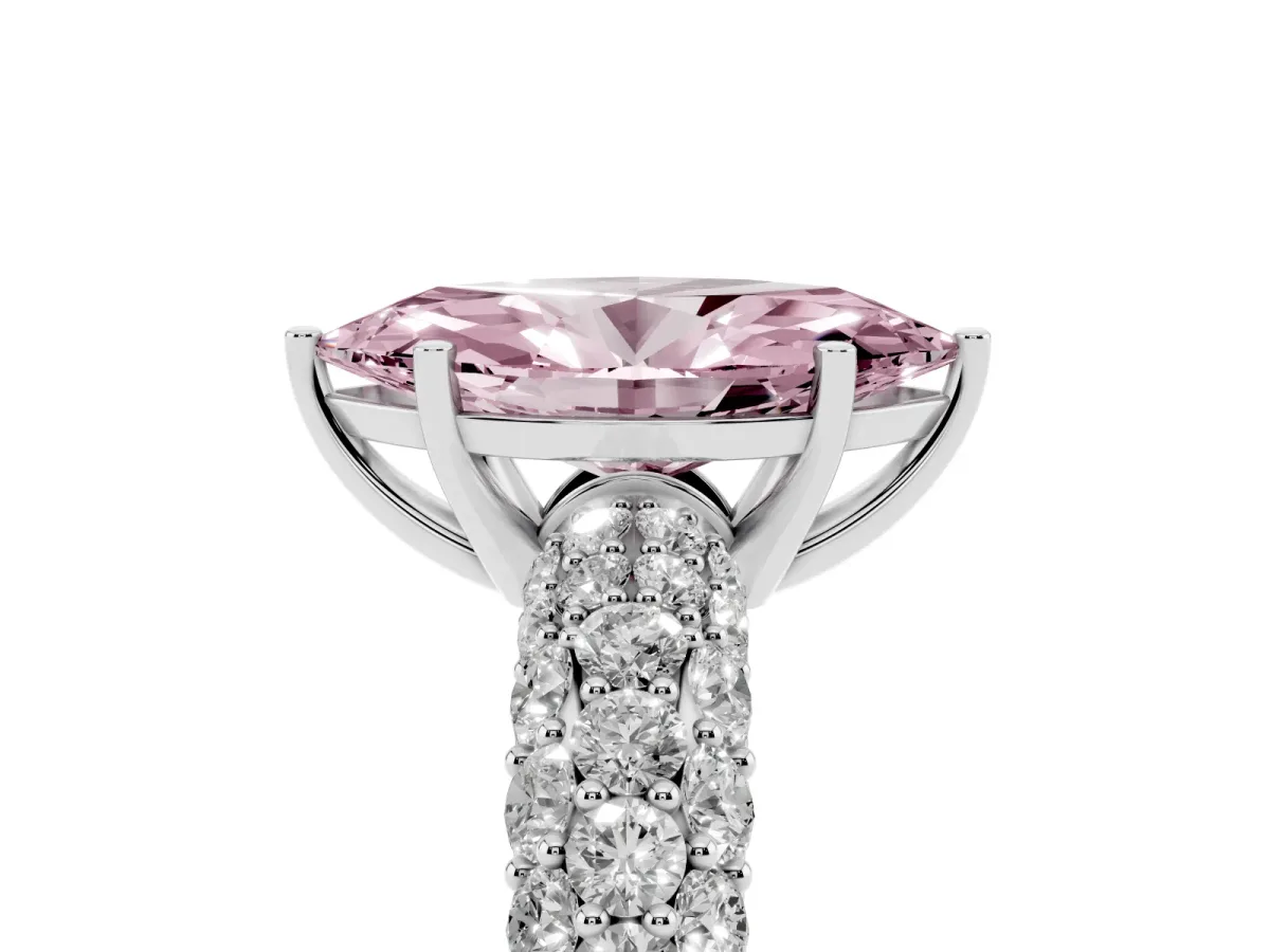 Fancy Pink Marquise Cut Diamond Pavé Band Solitaire Ring with Four-Prong Setting Silver