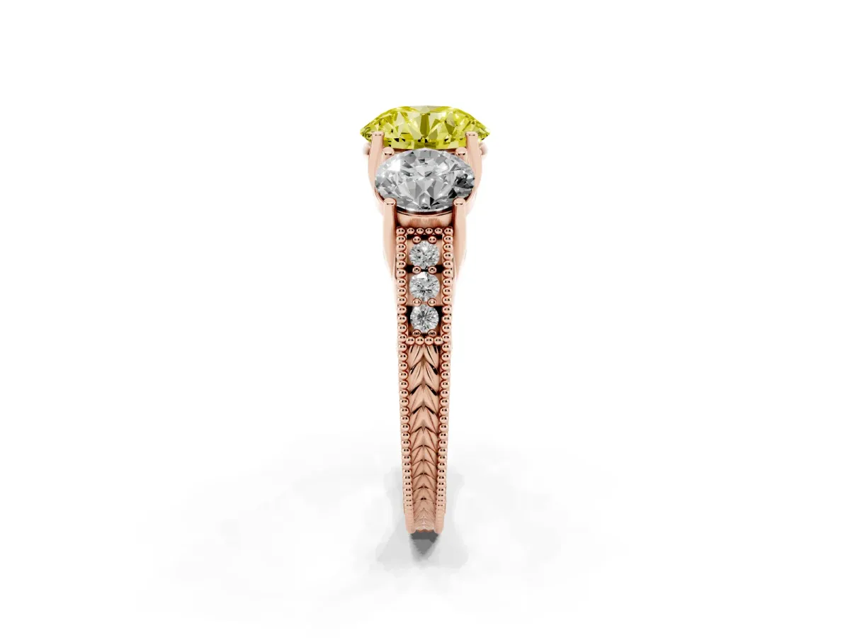 Fancy Yellow Three-Stone Round Cut Cut Milgrain Pavé Engagement Ring Rose gold