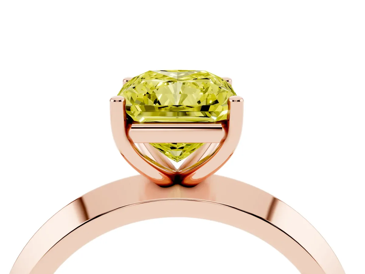 Fancy Yellow Radiant Cut Cut Solitaire Engagement Ring with Flat Band and Four-Prong Setting Rose gold