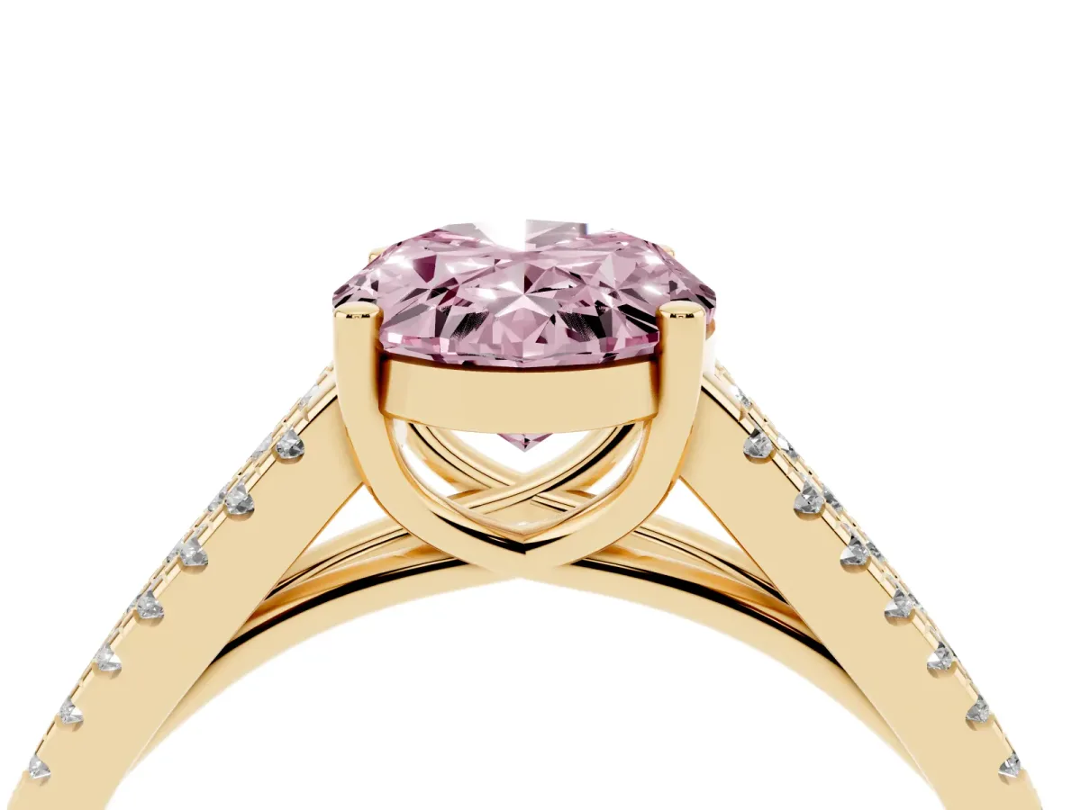 Fancy Pink Oval Cut Diamond Solitaire Engagement Ring with Split Shank Pavé Band Yellow gold