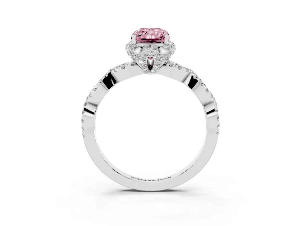 Fancy Pink Radiant Cut Halo Twist Band Solitaire Ring with Six-Prong Setting White gold