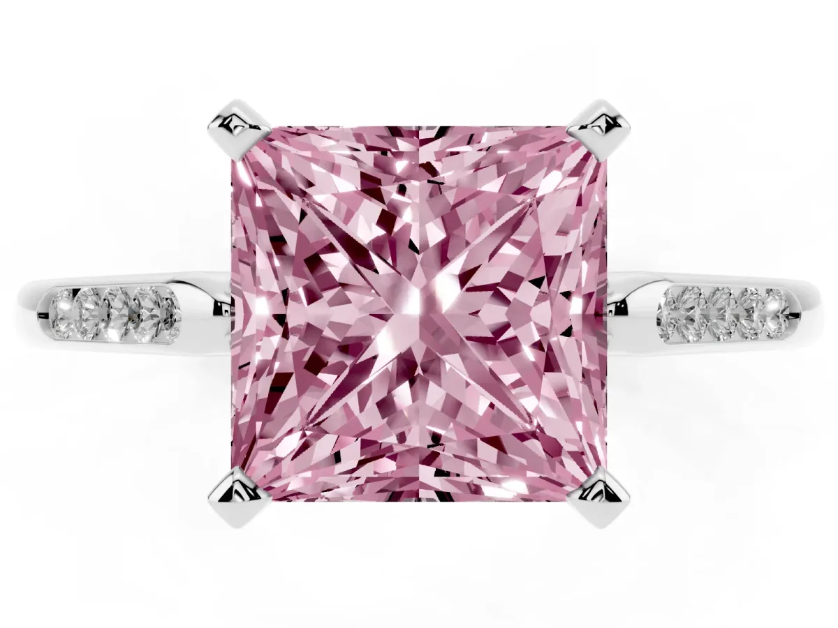 Fancy Pink Princess Cut Diamond Solitaire Ring with Channel Set Round Band and Prong Setting White gold