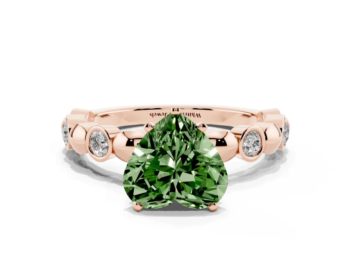 Fancy Green Heart Cut Solitaire Bezel-Set Diamond Ring with Beaded Band and Four-Prong Setting Rose gold