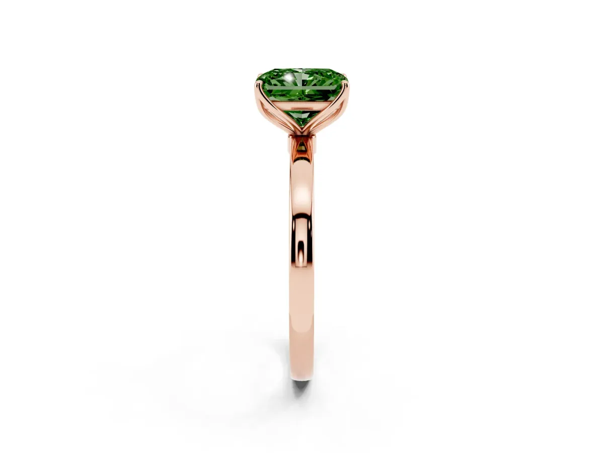 Fancy Green Radiant Cut Diamond Solitaire Ring with Thin Band and Prong Setting Rose gold