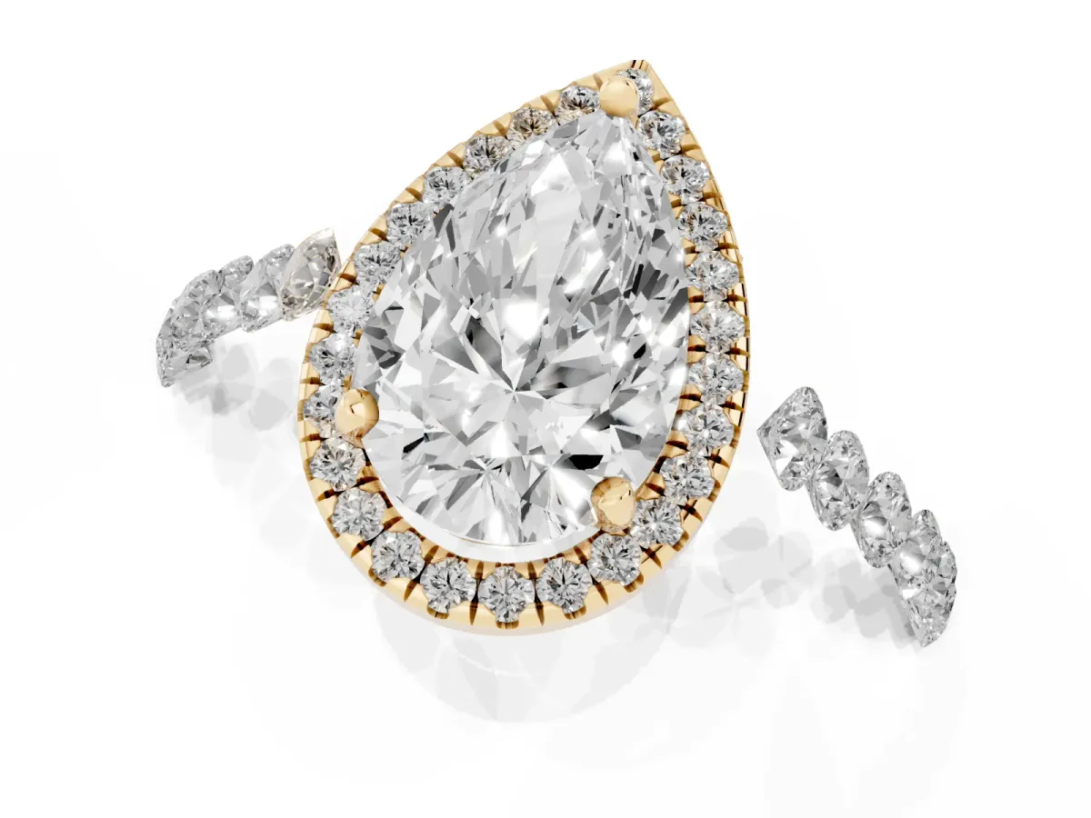 Pear Cut Halo Pavé Diamond Engagement Ring with Four-Prong Setting Yellow gold