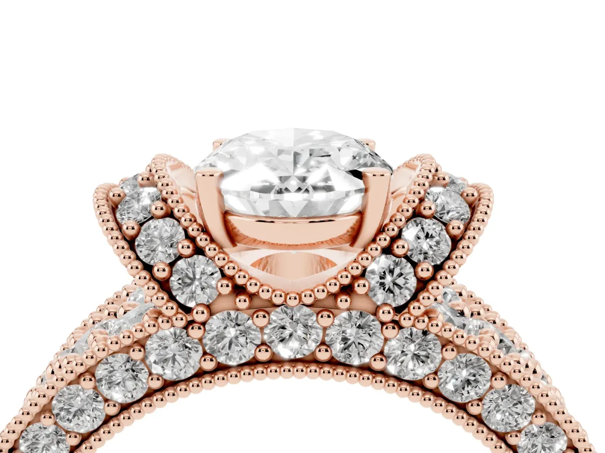 Oval Cut Halo Pave Diamond Engagement Ring with Milgrain Detailing Rose gold