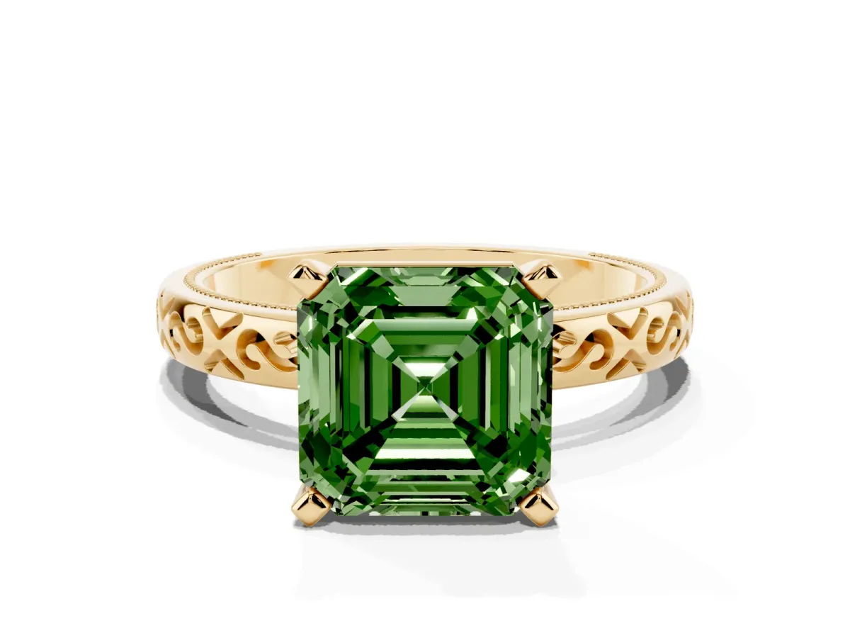 Fancy Green Asscher Cut Solitaire Engagement Ring with Scrollwork Band and Four-Prong Setting Yellow gold