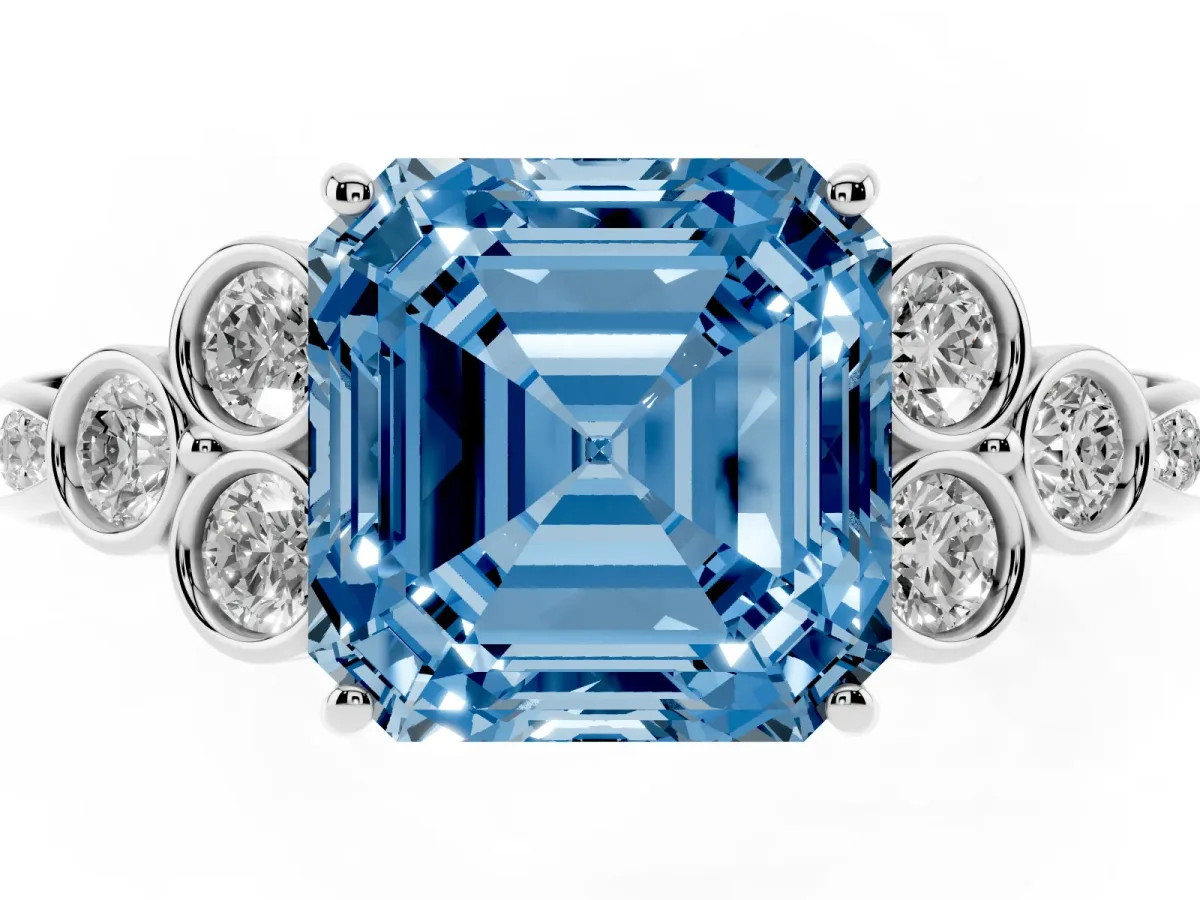 Fancy Blue Asscher Cut Cut Diamond Engagement Ring with Bezel Set Round Side Stones and Prong Setting Platinum