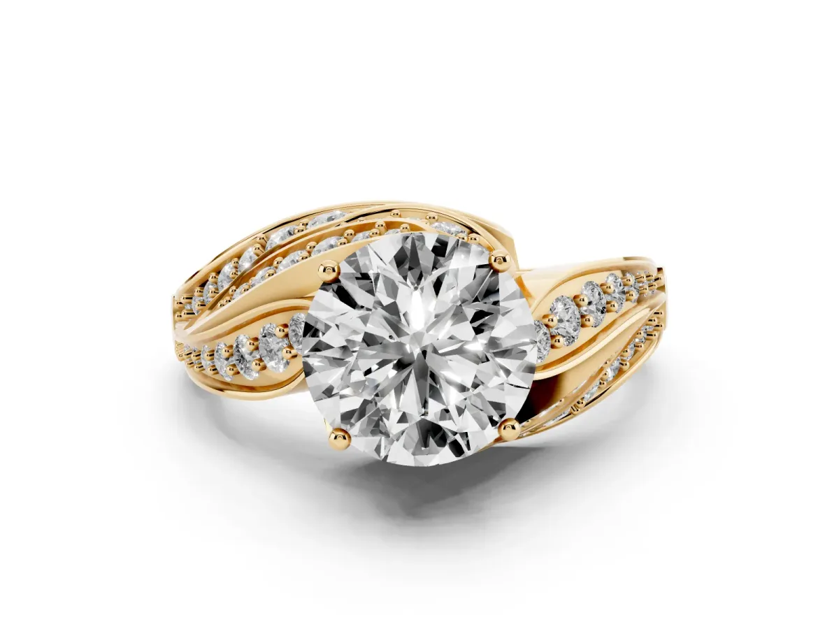 Round Cut Diamond Solitaire Ring with Prong Setting and Twisted Pavé Band Yellow gold
