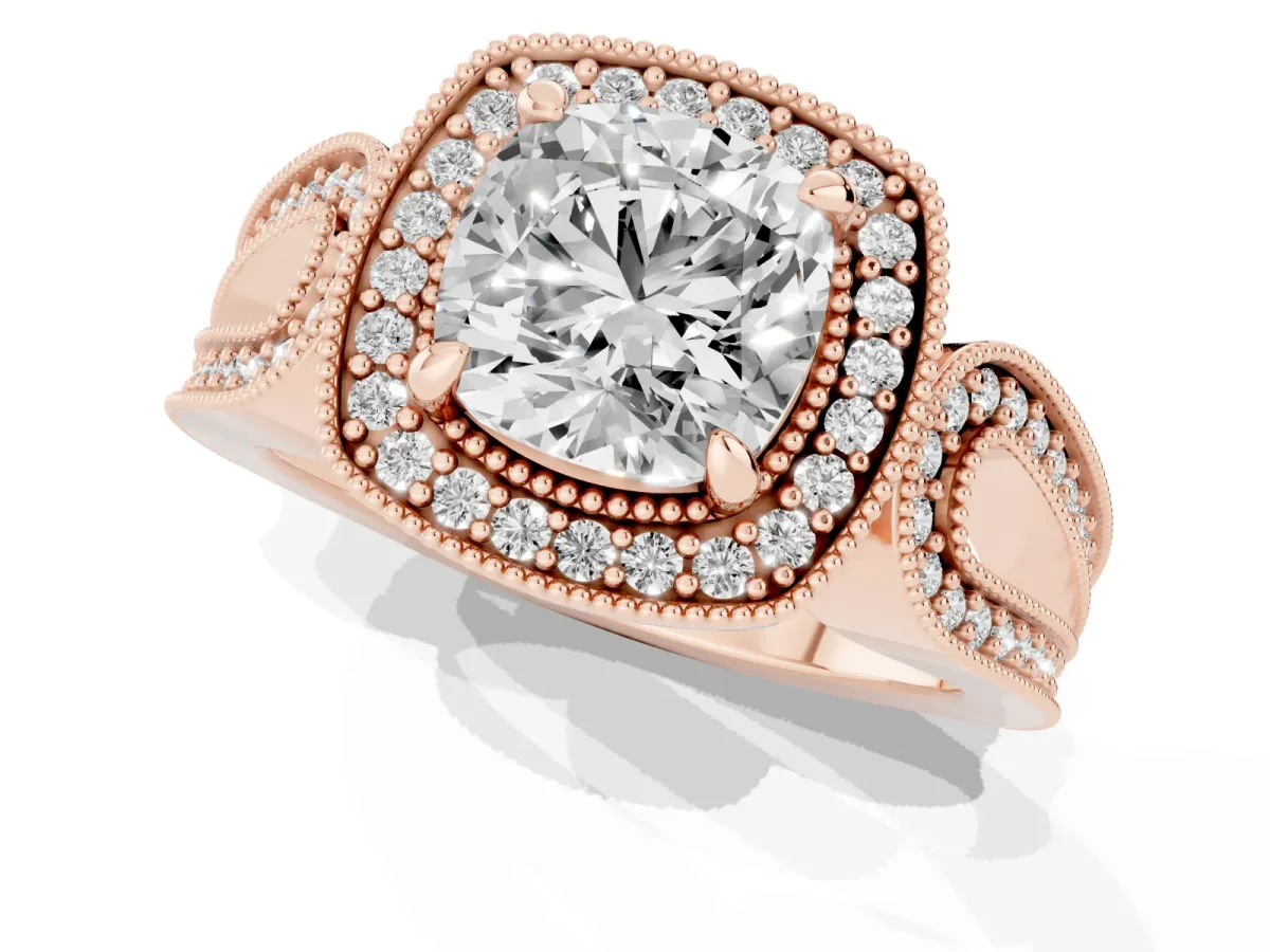 Cushion Cut Halo Split Shank Milgrain Diamond Ring Rose gold