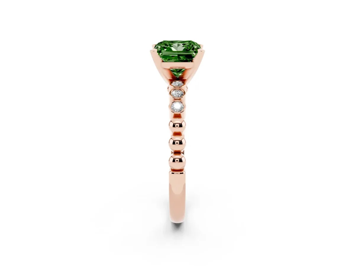 Fancy Green Princess Cut Solitaire Bezel Accent Diamond Engagement Ring with Beaded Band and Four-Prong Setting Rose gold