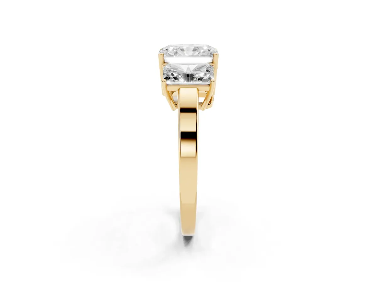 Three-Stone Radiant Cut Cut Diamond Engagement Ring with Flat Band and Four-Prong Setting Yellow gold