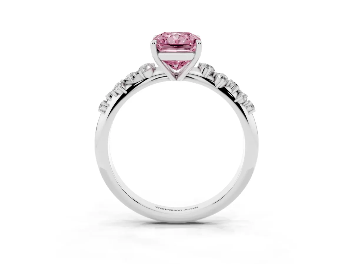 Fancy Pink Radiant Cut Diamond Cluster Side Stone Solitaire Ring with Prong Setting Platinum