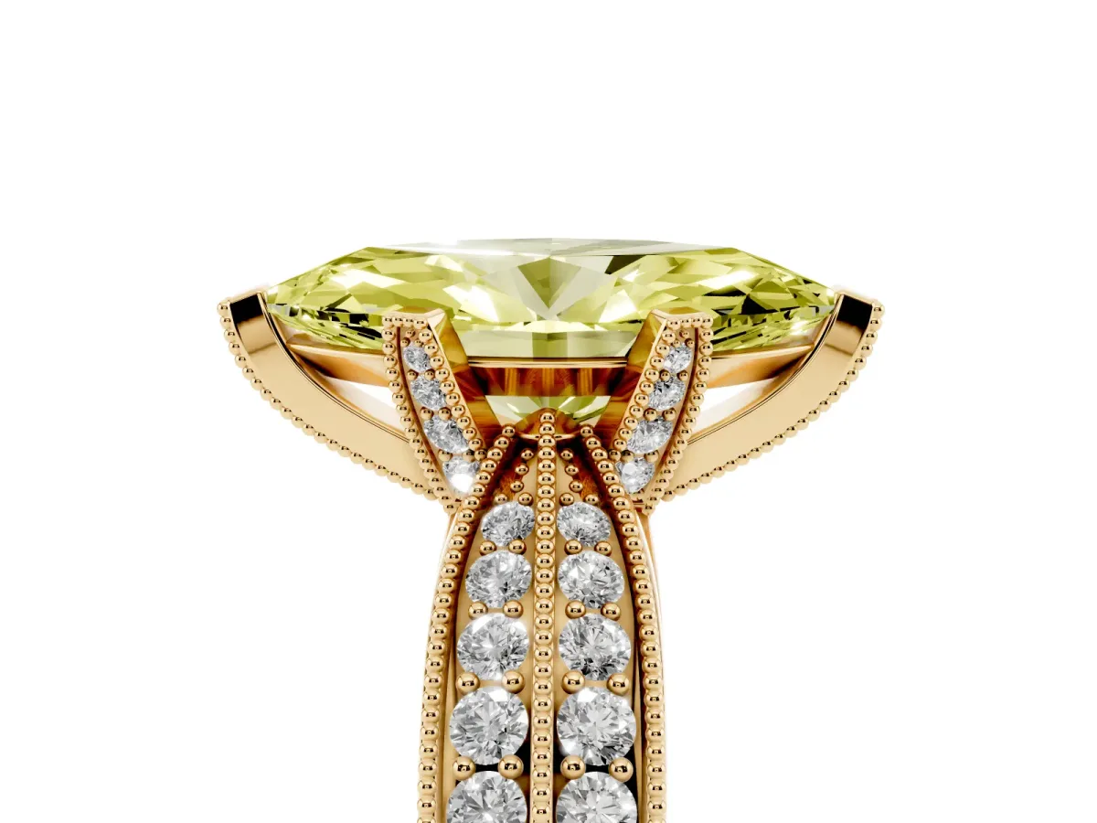 Fancy Yellow Marquise Cut Diamond Solitaire Ring with Milgrain Round Pavé Band and Prong Setting Yellow gold