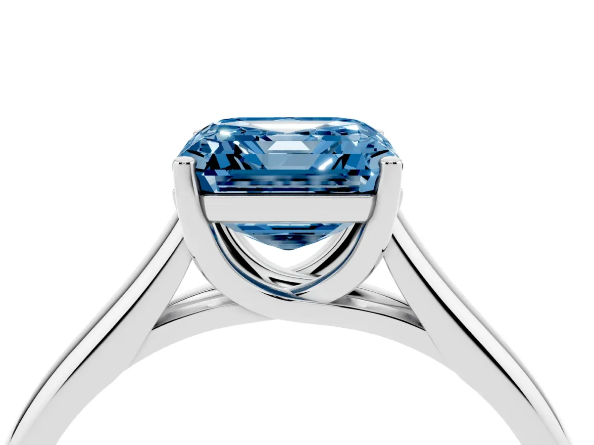 Fancy Blue Asscher Cut Solitaire Engagement Ring with Tapered Band and Four-Prong Setting Silver