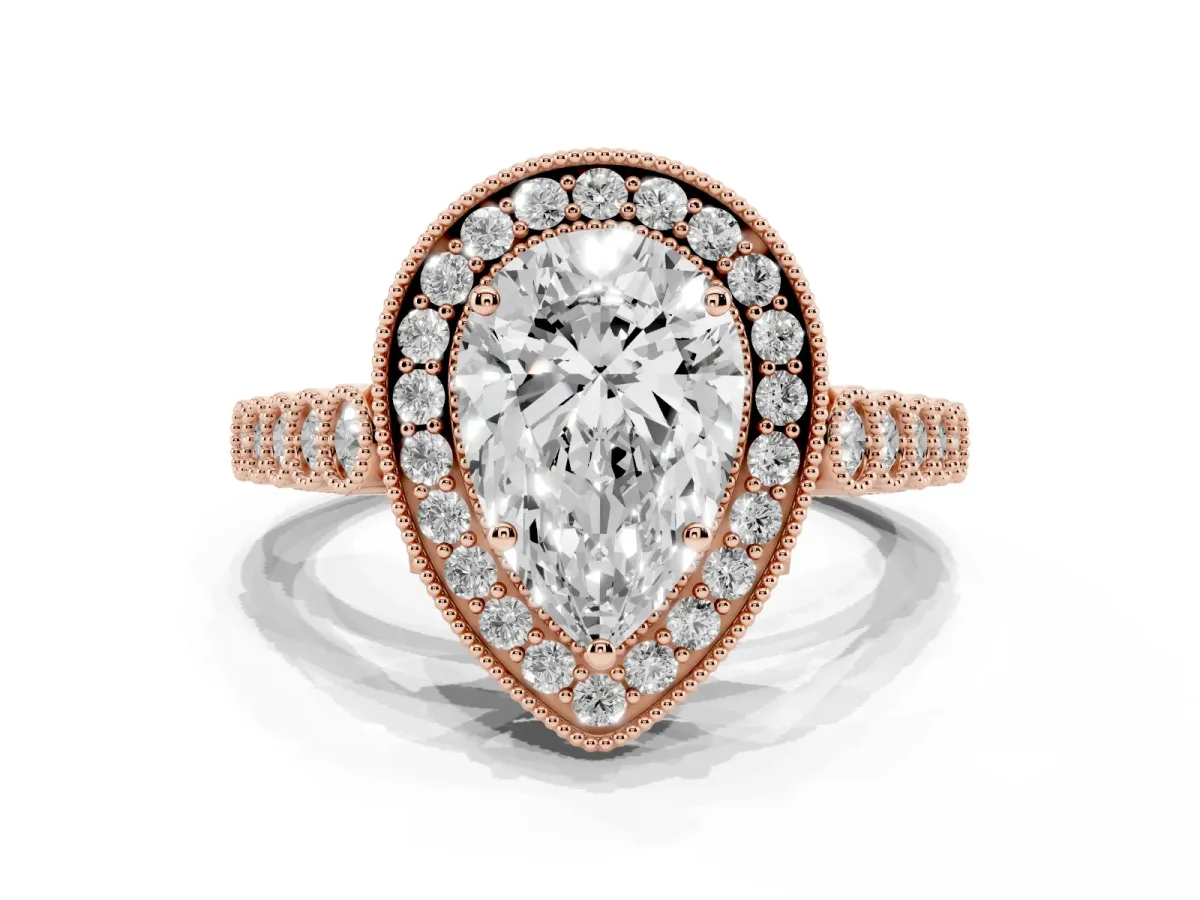 Pear Cut Halo Milgrain Solitaire with Bezel Set Side Stones and Pave Band Rose gold