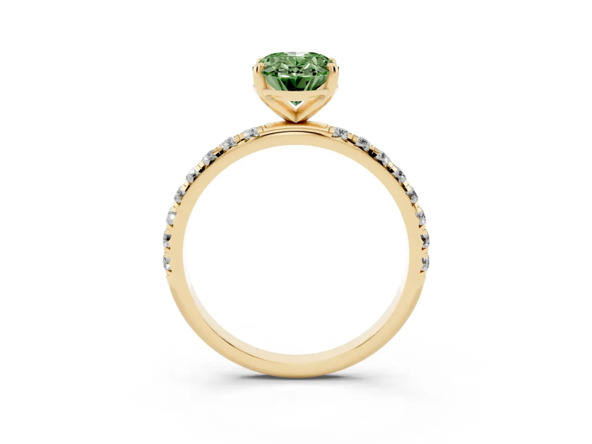 Fancy Green Oval Cut Cut Diamond Solitaire Ring with Micro Pave Band and Four Prong Setting Yellow gold