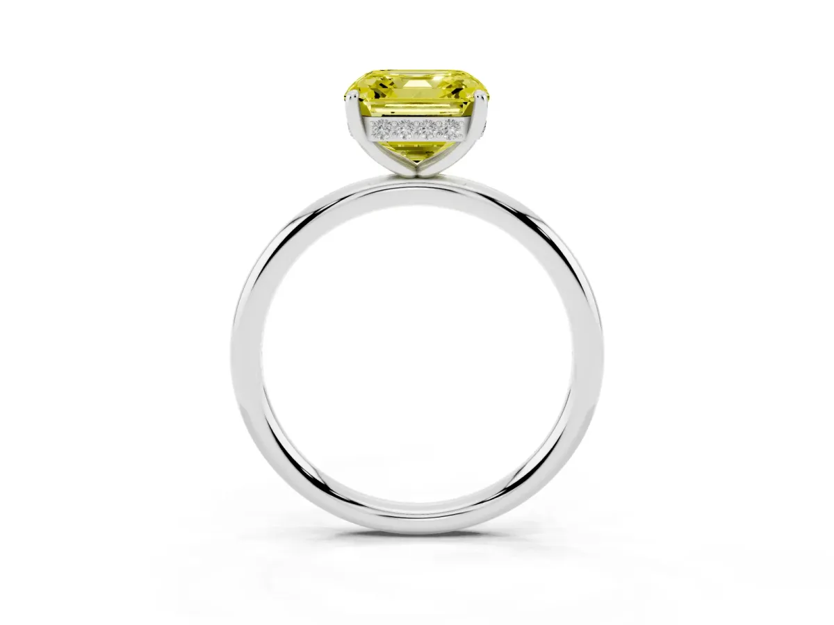 Fancy Yellow Asscher Cut Solitaire Diamond Ring with a Classic Band and Four-Prong Setting Silver