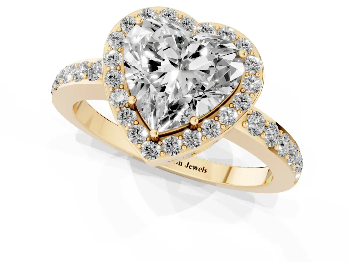 Heart Cut Halo Diamond Pavé Band Ring with Prong Setting Yellow gold