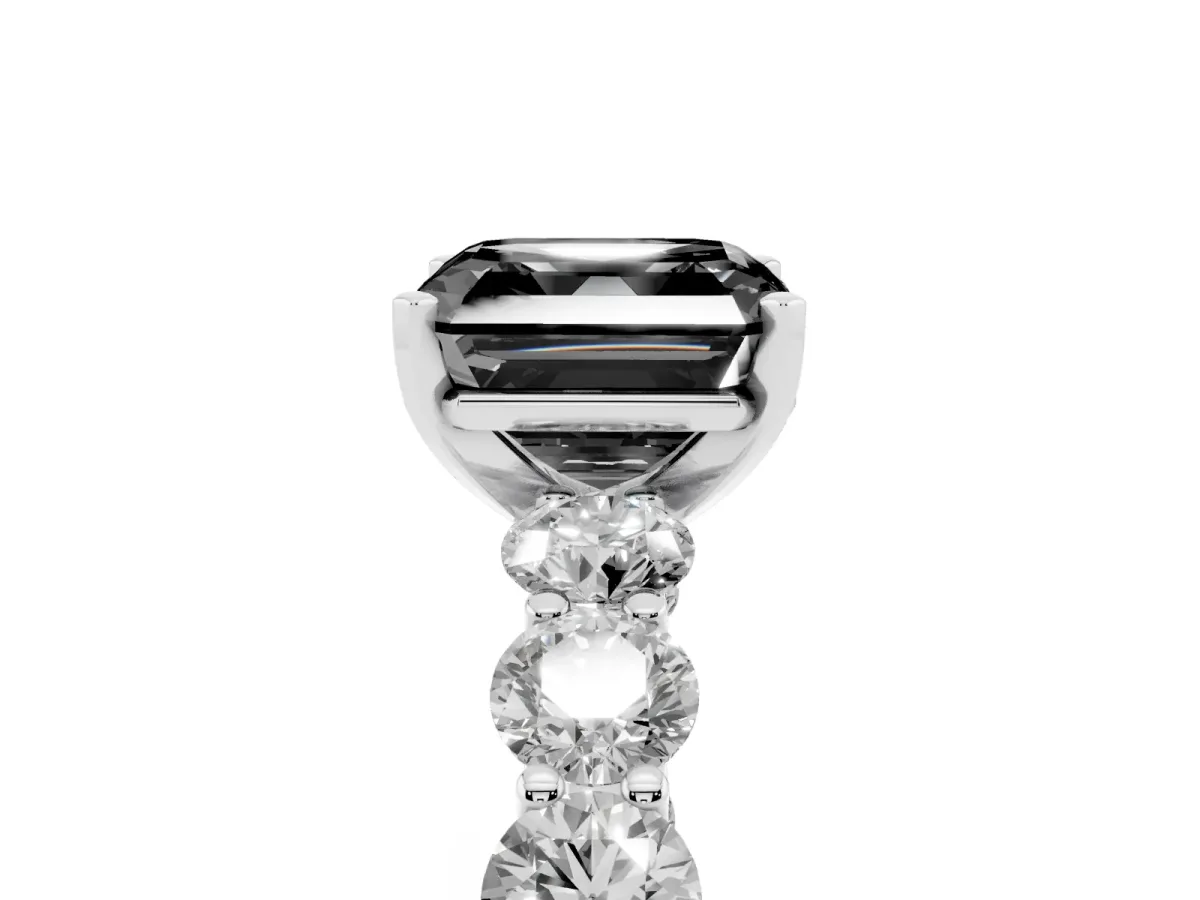 Fancy Black Asscher Cut Diamond Prong Setting with Side Stones on a Pave Band Silver