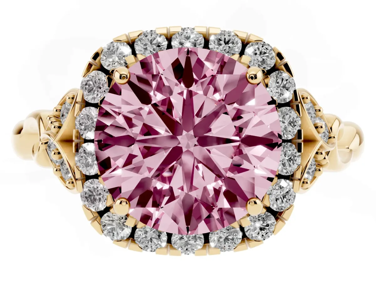 Fancy Pink Round Cut Halo Diamond Engagement Ring with Vintage-Inspired Band and Four-Prong Setting Yellow gold