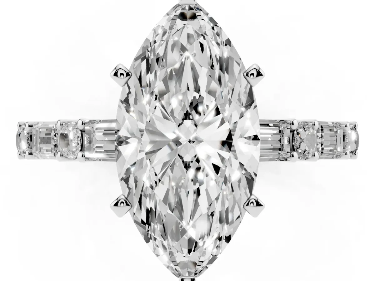 Marquise Cut Diamond Solitaire with Side Baguettes and Channel Set Band Silver