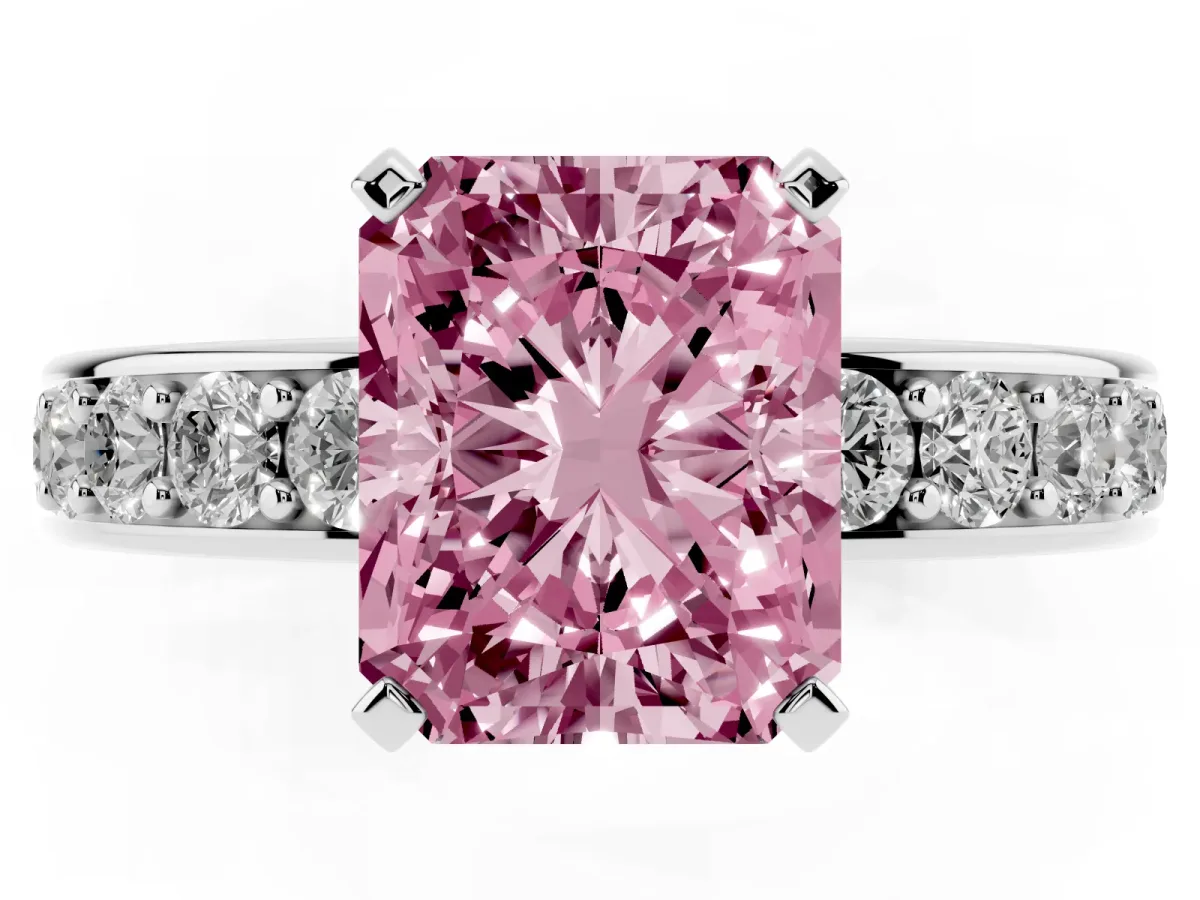 Fancy Pink Radiant Cut Diamond Engagement Ring with Channel Set Round Band and Prong Setting Platinum