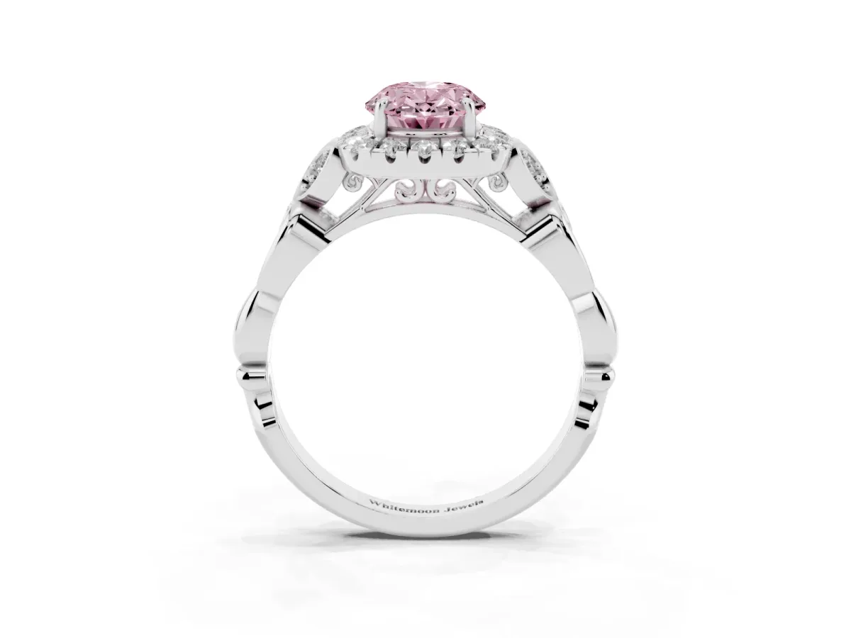 Fancy Pink Oval Cut Halo Diamond Engagement Ring with Vintage-Inspired Band and Four-Prong Setting White gold