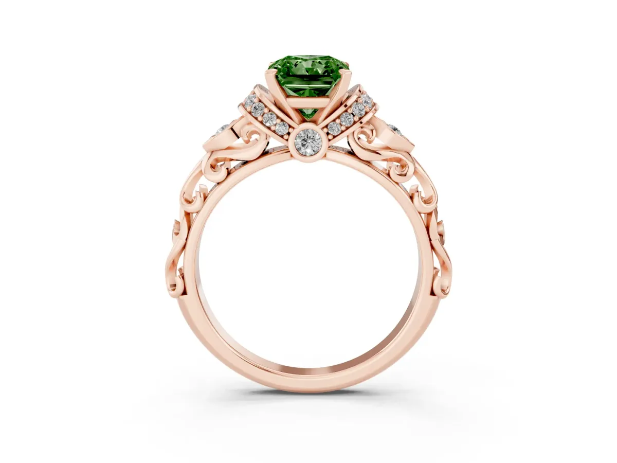 Fancy Green Radiant Cut Diamond Solitaire Ring with Filigree Band and Four-Prong Setting Rose gold
