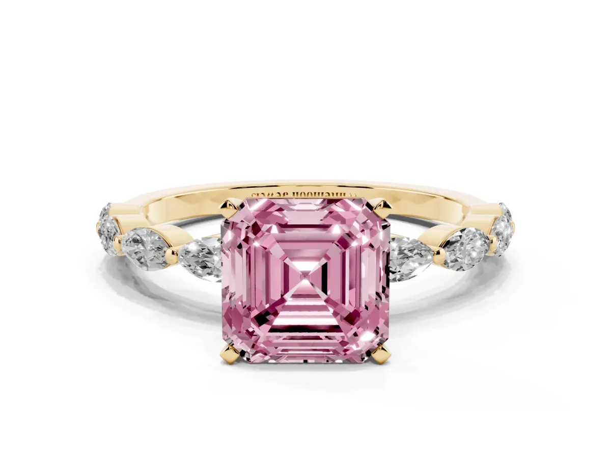 Fancy Pink Asscher Cut Diamond Ring with Marquise Side Stones and Prong Setting Yellow gold