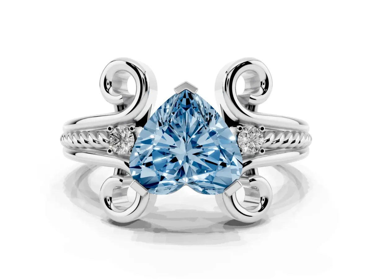 Fancy Blue Heart Cut Solitaire Twisted Band Scroll Prong Ring Silver